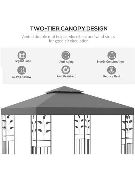 Outsunny 3x3m Steel Gazebo with 2 Tier Vented Roof, Decorative Frame, Grey - pic 19244 | FastDaddyshop