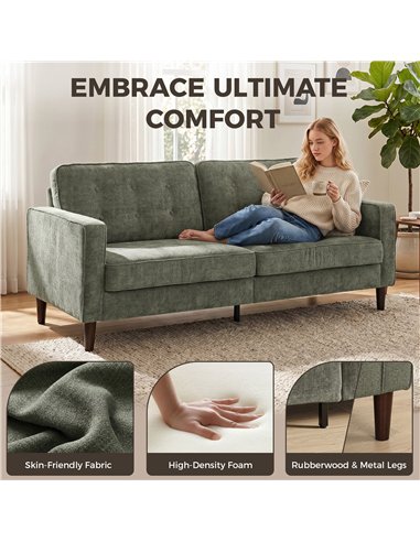 HOMCOM 3 Seater Sofa Button Tufted Upholstered Velvet Couch with Wood Legs for Living Room, Green