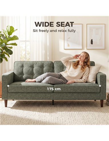 HOMCOM 3 Seater Sofa Button Tufted Upholstered Velvet Couch with Wood Legs for Living Room, Green