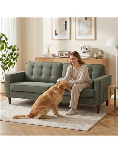 HOMCOM 3 Seater Sofa Button Tufted Upholstered Velvet Couch with Wood Legs for Living Room, Green