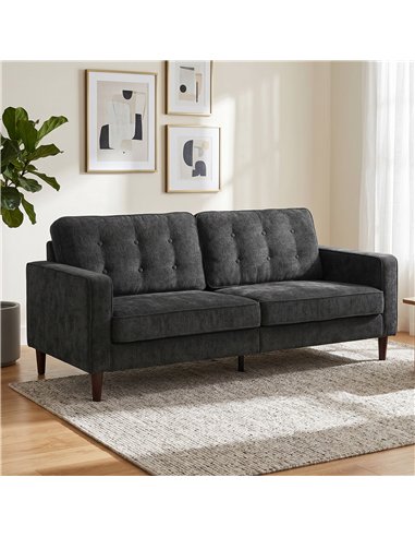 HOMCOM 3 Seater Sofa Button Tufted Upholstered Velvet Couch with Wood Legs for Living Room, Dark Grey