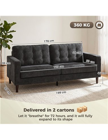 HOMCOM 3 Seater Sofa Button Tufted Upholstered Velvet Couch with Wood Legs for Living Room, Dark Grey
