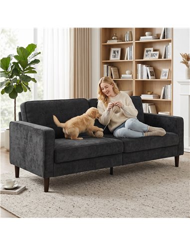 HOMCOM 3 Seater Sofa Button Tufted Upholstered Velvet Couch with Wood Legs for Living Room, Dark Grey