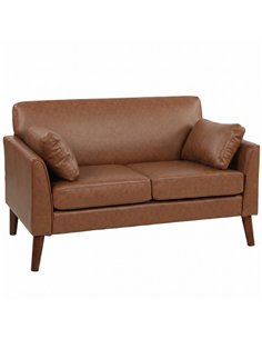 HOMCOM 2 Seater Sofa, 132 cm Modern Small Sofa with Solid Wood Legs and 2 Pillows for Small Space, Brown