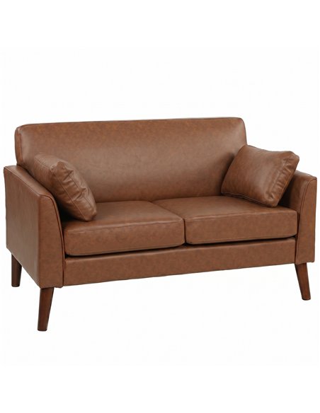HOMCOM 2 Seater Sofa, 132 cm Modern Small Sofa with Solid Wood Legs and 2 Pillows for Small Space, Brown - pic 192460 | FastDaddyshop