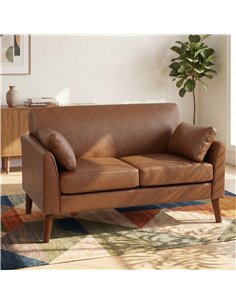 HOMCOM 2 Seater Sofa, 132 cm Modern Small Sofa with Solid Wood Legs and 2 Pillows for Small Space, Brown 2