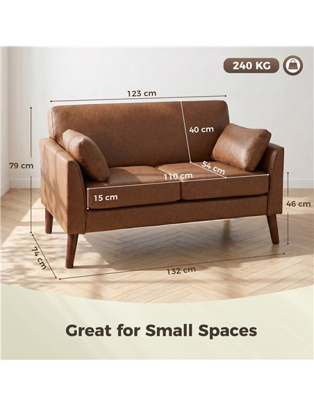 HOMCOM 2 Seater Sofa, 132 cm Modern Small Sofa with Solid Wood Legs and 2 Pillows for Small Space, Brown - pic 192462 | FastDaddyshop