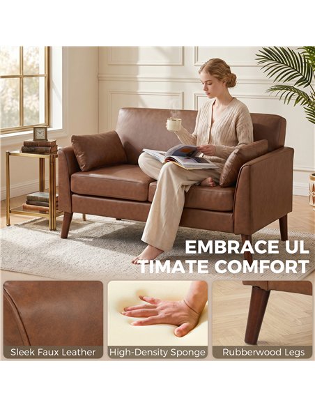 HOMCOM 2 Seater Sofa, 132 cm Modern Small Sofa with Solid Wood Legs and 2 Pillows for Small Space, Brown - pic 192463 | FastDaddyshop