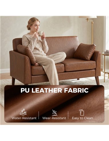 HOMCOM 2 Seater Sofa, 132 cm Modern Small Sofa with Solid Wood Legs and 2 Pillows for Small Space, Brown