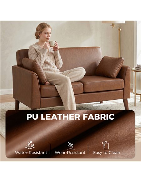 HOMCOM 2 Seater Sofa, 132 cm Modern Small Sofa with Solid Wood Legs and 2 Pillows for Small Space, Brown - pic 192464 | FastDaddyshop