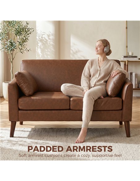 HOMCOM 2 Seater Sofa, 132 cm Modern Small Sofa with Solid Wood Legs and 2 Pillows for Small Space, Brown - pic 192465 | FastDaddyshop