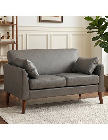 HOMCOM 2 Seater Sofa, 132 cm Modern Small Sofa with Solid Wood Legs and 2 Pillows for Small Space, Grey