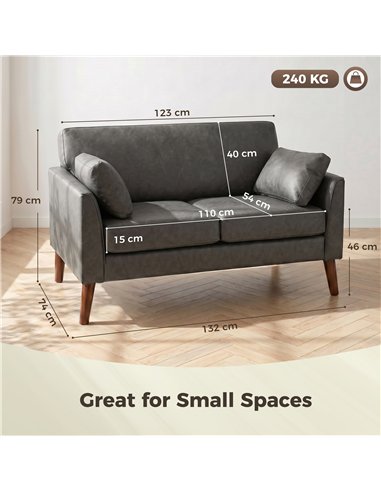 HOMCOM 2 Seater Sofa, 132 cm Modern Small Sofa with Solid Wood Legs and 2 Pillows for Small Space, Grey