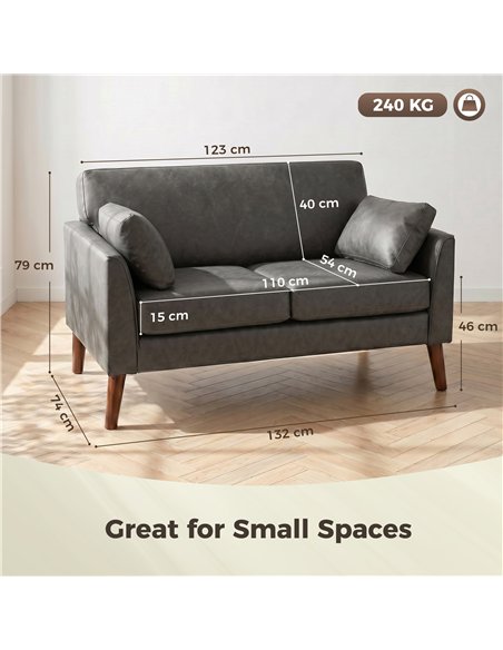 HOMCOM 2 Seater Sofa, 132 cm Modern Small Sofa with Solid Wood Legs and 2 Pillows for Small Space, Grey - pic 192471 | FastDaddyshop