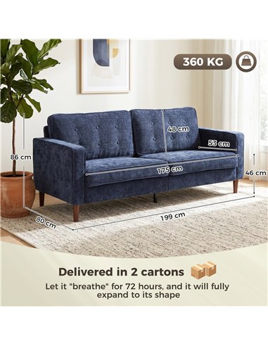 HOMCOM 3 Seater Sofa Button Tufted Upholstered Velvet Couch with Wood Legs for Living Room, Dark Blue