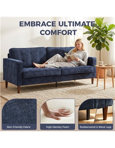 HOMCOM 3 Seater Sofa Button Tufted Upholstered Velvet Couch with Wood Legs for Living Room, Dark Blue