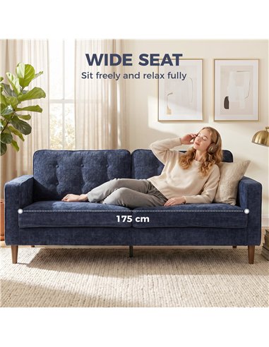HOMCOM 3 Seater Sofa Button Tufted Upholstered Velvet Couch with Wood Legs for Living Room, Dark Blue