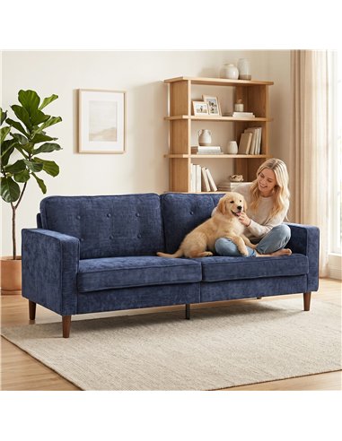 HOMCOM 3 Seater Sofa Button Tufted Upholstered Velvet Couch with Wood Legs for Living Room, Dark Blue
