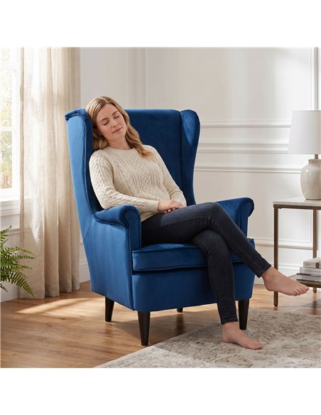 HOMCOM Modern Accent Chair with High Backrest and Pillow, Velvet-Feel Fabric Reading Chair with Solid Wood Legs, Blue - pic 192488 | FastDaddyshop