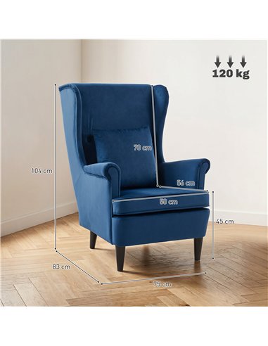 HOMCOM Modern Accent Chair with High Backrest and Pillow, Velvet-Feel Fabric Reading Chair with Solid Wood Legs, Blue