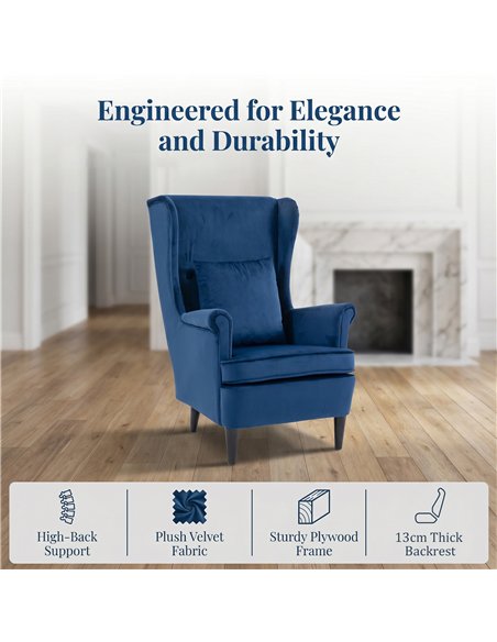 HOMCOM Modern Accent Chair with High Backrest and Pillow, Velvet-Feel Fabric Reading Chair with Solid Wood Legs, Blue - pic 192490 | FastDaddyshop