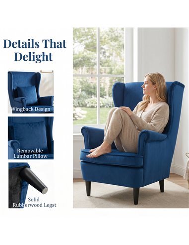 HOMCOM Modern Accent Chair with High Backrest and Pillow, Velvet-Feel Fabric Reading Chair with Solid Wood Legs, Blue