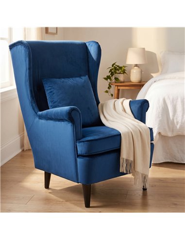 HOMCOM Modern Accent Chair with High Backrest and Pillow, Velvet-Feel Fabric Reading Chair with Solid Wood Legs, Blue