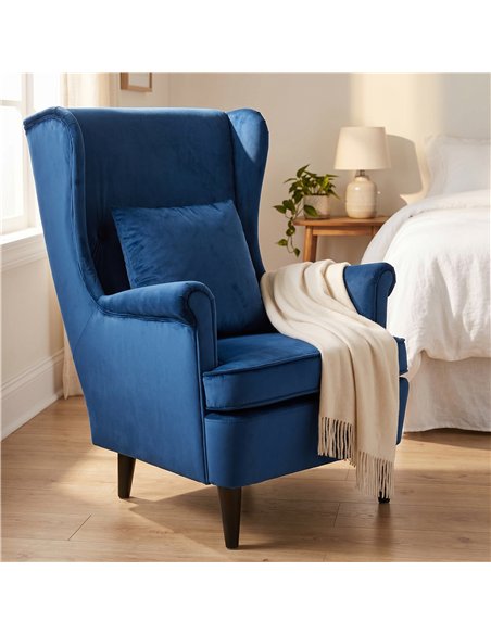HOMCOM Modern Accent Chair with High Backrest and Pillow, Velvet-Feel Fabric Reading Chair with Solid Wood Legs, Blue - pic 192492 | FastDaddyshop