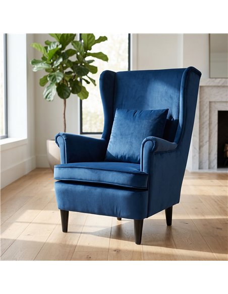 HOMCOM Modern Accent Chair with High Backrest and Pillow, Velvet-Feel Fabric Reading Chair with Solid Wood Legs, Blue - pic 192493 | FastDaddyshop