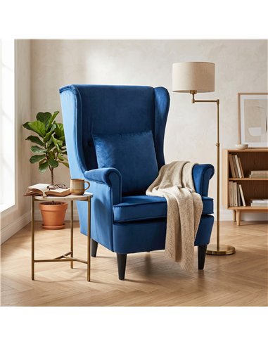 HOMCOM Modern Accent Chair with High Backrest and Pillow, Velvet-Feel Fabric Reading Chair with Solid Wood Legs, Blue