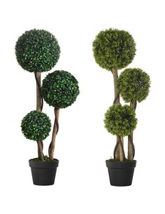 HOMCOM Decorative Artificial Plants Set of 2, Boxwood Ball Topiary Trees in Pot Fake Plants for Home Indoor Outdoor Decor, 90 cm