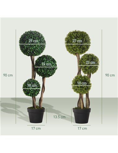 HOMCOM Decorative Artificial Plants Set of 2, Boxwood Ball Topiary Trees in Pot Fake Plants for Home Indoor Outdoor Decor, 90 cm