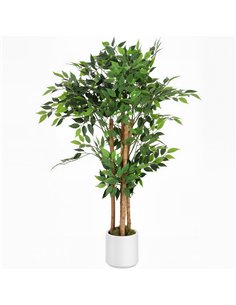 HOMCOM 120cm Artificial Ficus Tree, Fake Potted Tree with Solid Wood Trunk and Pot for Indoor, Green