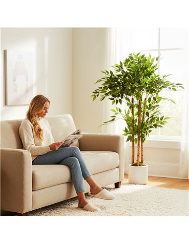 HOMCOM 120cm Artificial Ficus Tree, Fake Potted Tree with Solid Wood Trunk and Pot for Indoor, Green