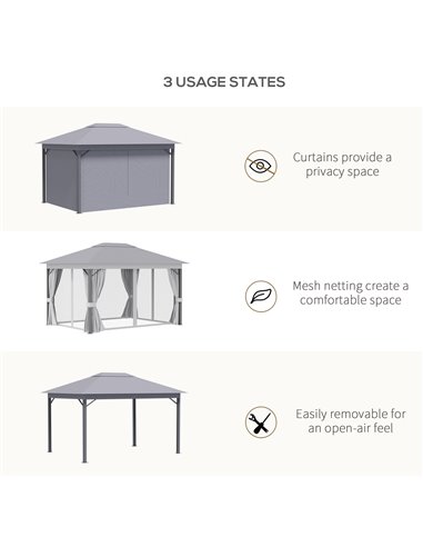 Outsunny 4 x 3(m) Patio Gazebo Canopy Garden Tent Shelter with Vented Roof, Mosquito Netting and Curtains, Aluminium Frame, Grey