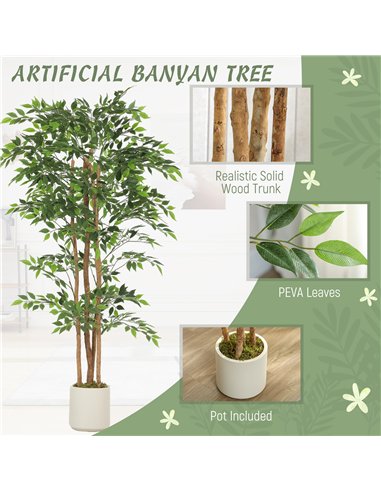 HOMCOM 180cm Artificial Ficus Tree, Fake Potted Tree with Solid Wood Trunk and Pot for Indoor, Green