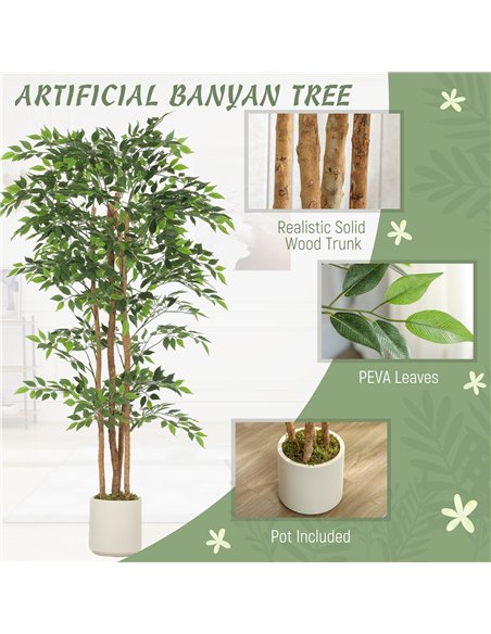 HOMCOM 180cm Artificial Ficus Tree, Fake Potted Tree with Solid Wood Trunk and Pot for Indoor, Green - pic 192562 | FastDaddyshop