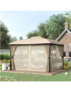 Outsunny 4x3m Gazebo, with Double Tier Roof, Removable Netting and Curtains, Khaki 2