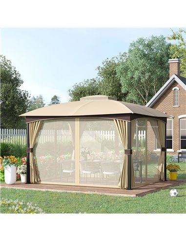 Outsunny 4x3m Gazebo, with Double Tier Roof, Removable Netting and Curtains, Khaki