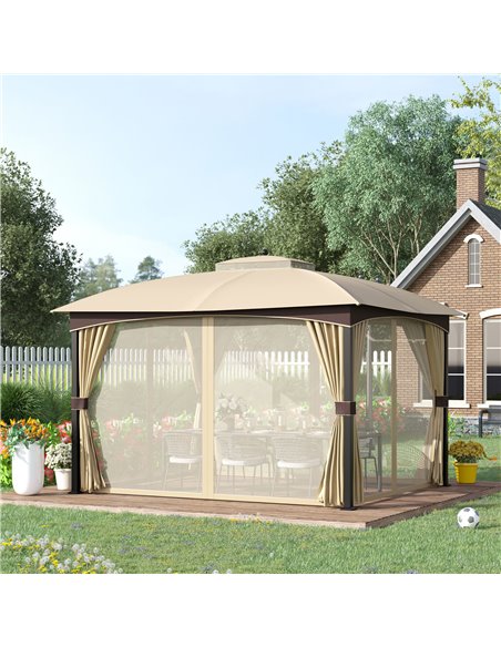Outsunny 4x3m Gazebo, with Double Tier Roof, Removable Netting and Curtains, Khaki - pic 19259 | FastDaddyshop