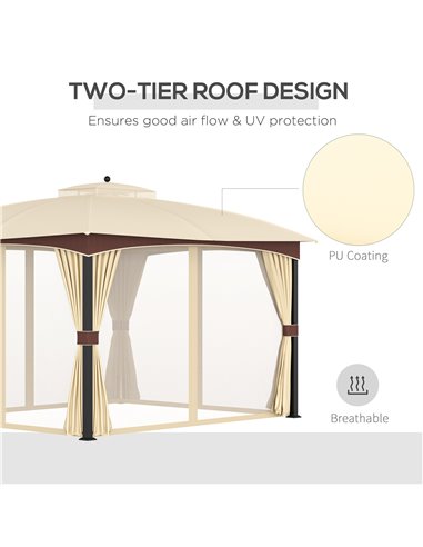 Outsunny 4x3m Gazebo, with Double Tier Roof, Removable Netting and Curtains, Khaki