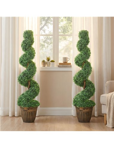 HOMCOM Set of 2 Artificial Plants, Topiary Spiral Boxwood Trees with Pot, for Home Indoor Outdoor Decor, 120cm