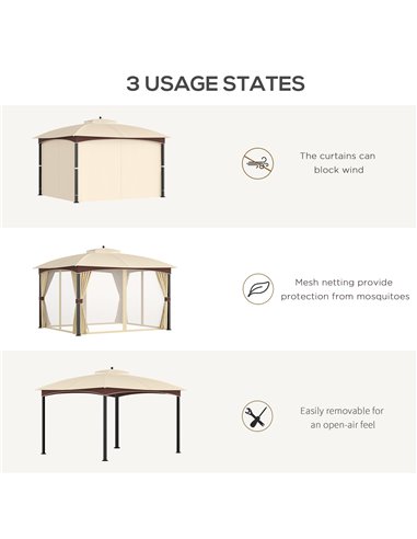 Outsunny 4x3m Gazebo, with Double Tier Roof, Removable Netting and Curtains, Khaki
