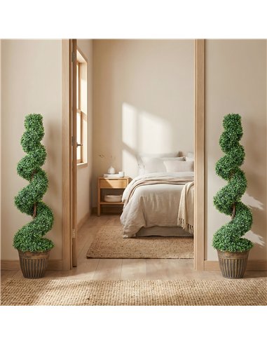 HOMCOM Set of 2 Artificial Plants, Topiary Spiral Boxwood Trees with Pot, for Home Indoor Outdoor Decor, 120cm