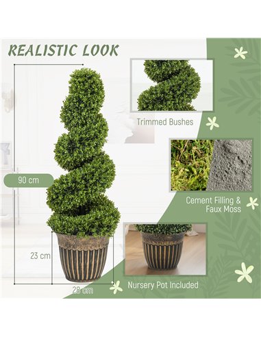HOMCOM Set of 2 Artificial Plants, Topiary Spiral Boxwood Trees with Pot, for Home Indoor Outdoor Decor, 90cm