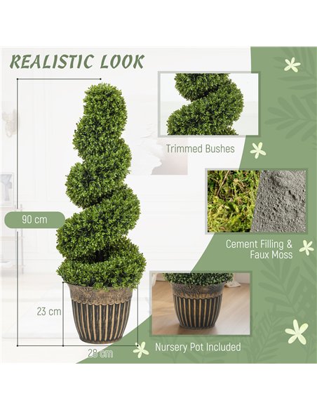 HOMCOM Set of 2 Artificial Plants, Topiary Spiral Boxwood Trees with Pot, for Home Indoor Outdoor Decor, 90cm - pic 192625 | FastDaddyshop