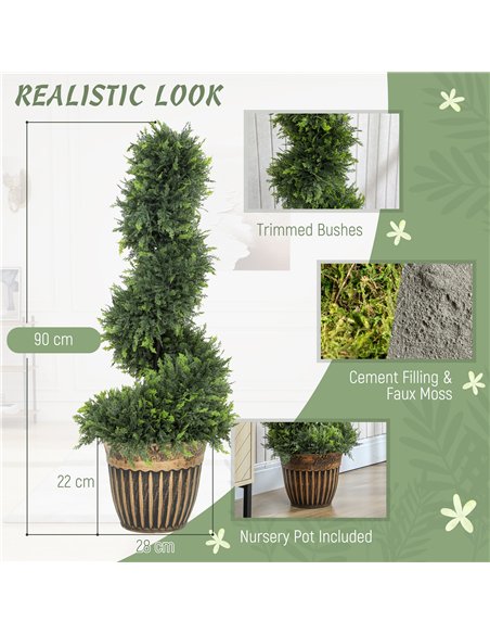 HOMCOM Set of 2 Artificial Plants, Topiary Spiral Boxwood Cypress Trees with Pot, for Home Indoor Outdoor Decor, 90cm - pic 192634 | FastDaddyshop