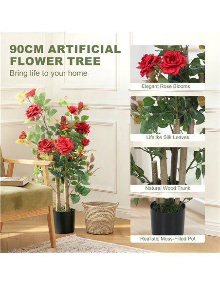 HOMCOM 90cm Artificial Rose Tree Set of 2, Decorative Fake Plant with 344 Silk Leaves 17 Flowers for Outdoor Indoor Decor, Red - pic 192671 | FastDaddyshop