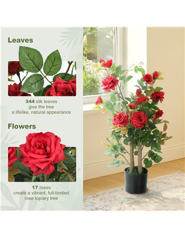 HOMCOM 90cm Artificial Rose Tree, Decorative Fake Plant with 344 Silk Leaves 17 Flowers for Outdoor Indoor Decor, Red