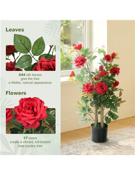 HOMCOM 90cm Artificial Rose Tree, Decorative Fake Plant with 344 Silk Leaves 17 Flowers for Outdoor Indoor Decor, Red - pic 192688 | FastDaddyshop